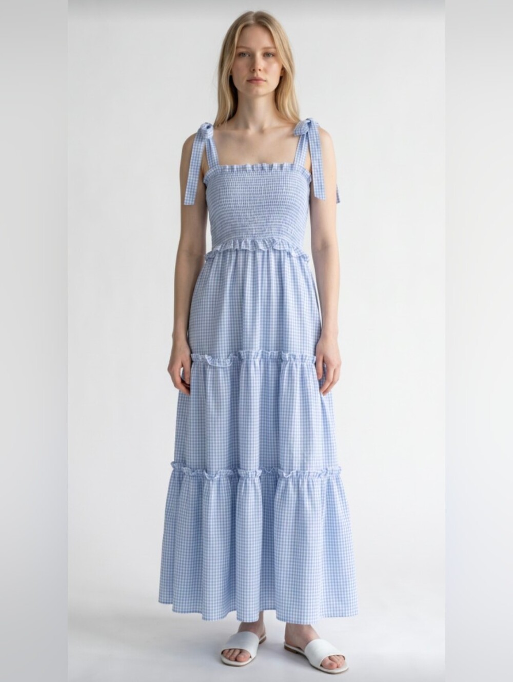 NWT! FLOERNS! BLUE, WHITE GINGHAM CHECKS, SEERSUCKER RUFFLED MAXI DRESS! SZ M